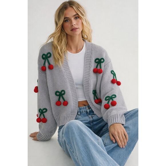 Luna Ivy Sweaters - Luna and Ivy Purple Knit Crewneck Sweater Open Front Preppy Cherry Details